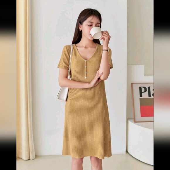SHEIN DAZY | Mustard Yellow Ribbed Knit Quarter Button Dress - Picture 5 of 6